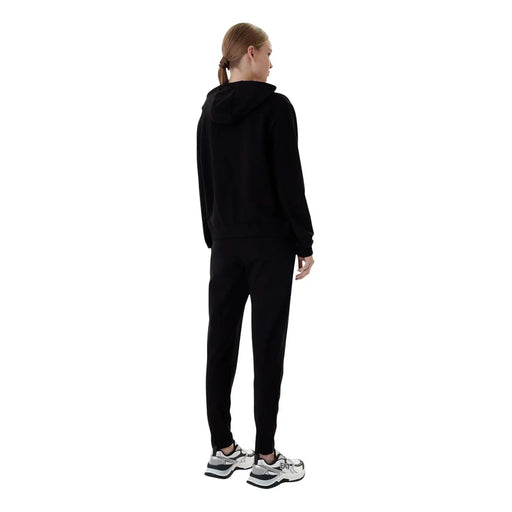Ea7 women’s black hooded jumpsuit with long sleeves and pockets made from comfortable fabric for casual wear