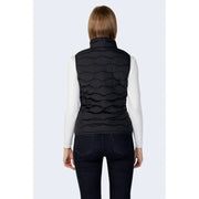 Ea7 women’s black quilted puffer vest with high collar and zip pockets featuring horizontal stitching pattern