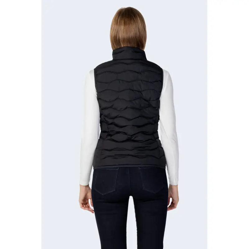 Ea7 women’s black quilted puffer vest with high collar and zip pockets featuring horizontal stitching pattern