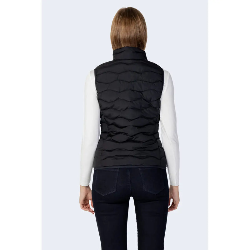 Ea7 women’s black quilted puffer vest with high collar and zip pockets featuring horizontal stitching pattern