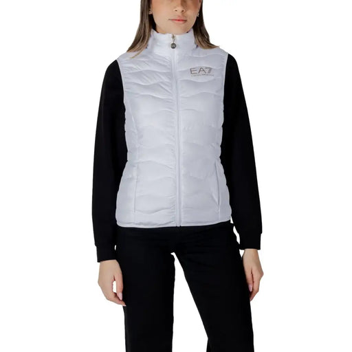 EA7 white quilted womens sleeveless puffer gilet with silver logo