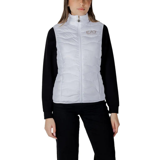 EA7 white quilted womens sleeveless puffer gilet with silver logo