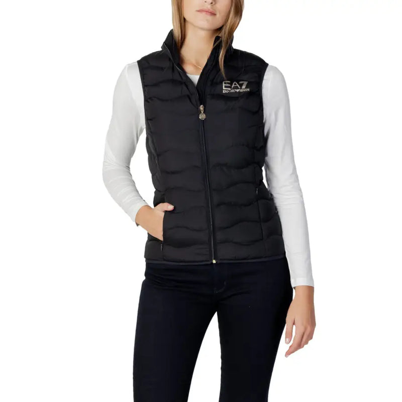 Ea7 women’s black sleeveless quilted puffer vest with zip pockets and silver ea7 logo on the chest