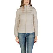 Women’s beige hooded puffer jacket from Ea7 Women’s Long Hooded Jacket in White collection