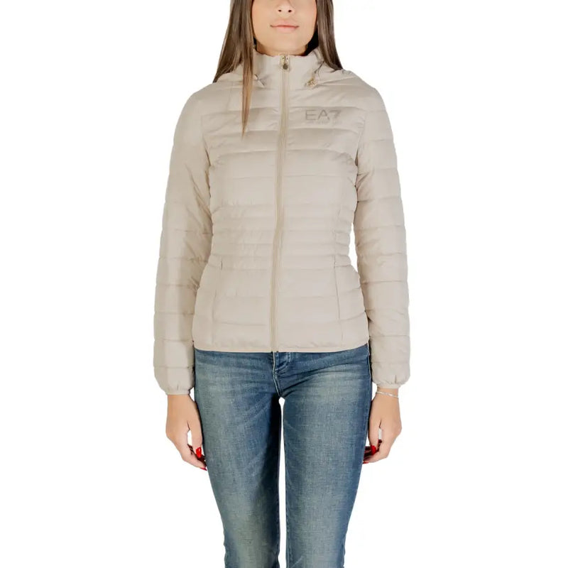 Women’s beige hooded puffer jacket from Ea7 Women’s Long Hooded Jacket in White collection