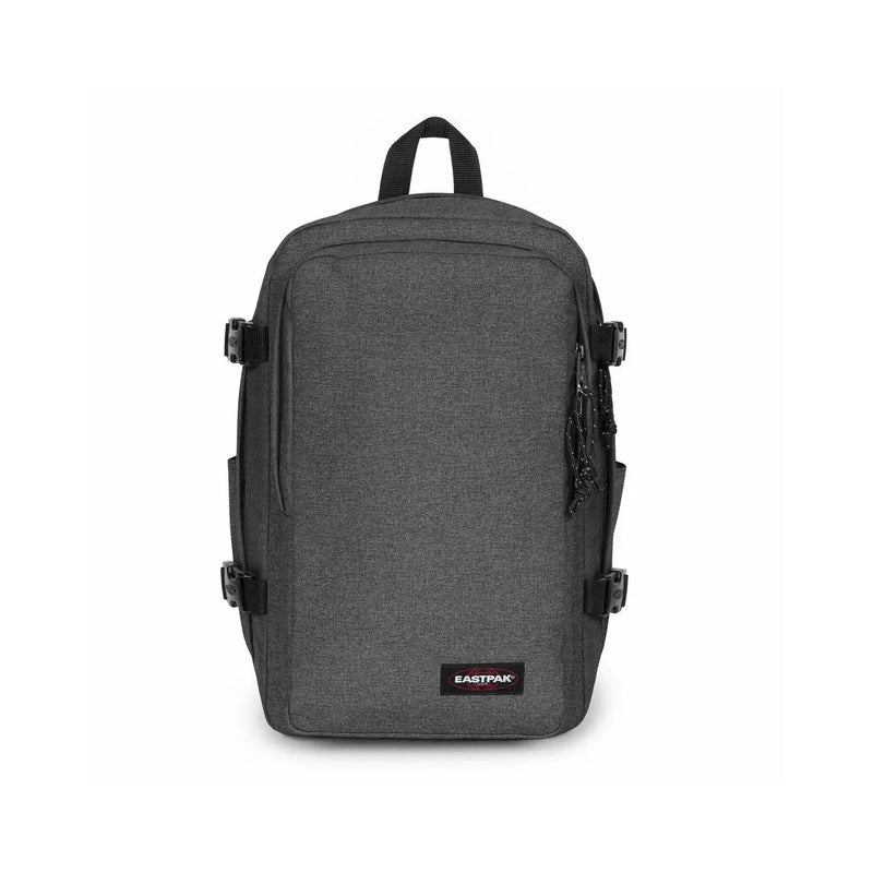 Gray textured eastpak men black rucksack with black zippers and buckles made of polyamide size 40x25x20