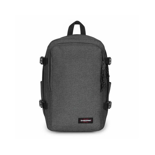 Gray textured eastpak men black rucksack with black zippers and buckles made of polyamide size 40x25x20