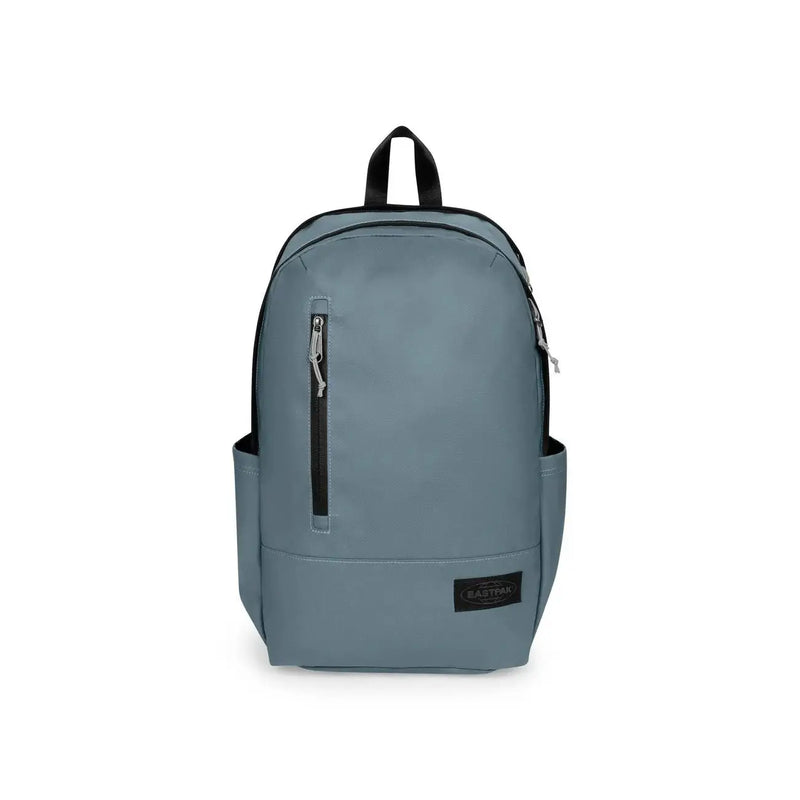 A sleek slate-blue eastpak men polyester rucksack with black zippers and pockets 45x28x22 centimeters