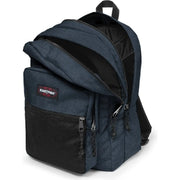 Eastpak men blue rucksack in dark blue denim polyester with black mesh and zipper accents and multiple zip pockets