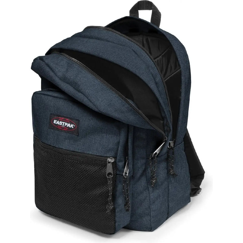 Eastpak men blue rucksack in dark blue denim polyester with black mesh and zipper accents and multiple zip pockets