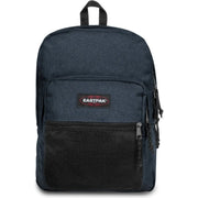 Dark blue eastpak men rucksack with textured polyester fabric black mesh front pocket and zipper pulls 42x32x25.5 cm