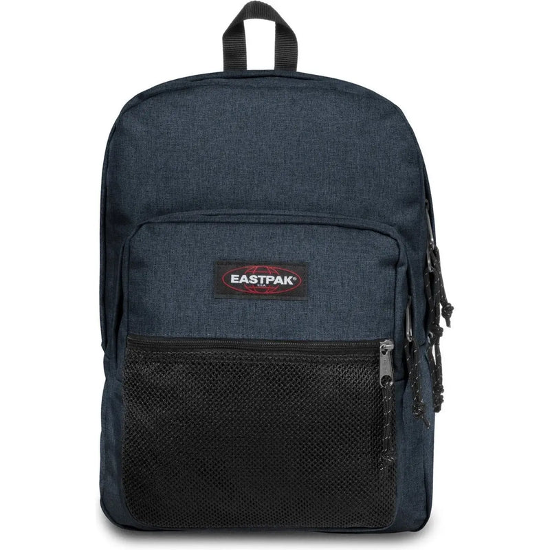 Dark blue eastpak men rucksack with textured polyester fabric black mesh front pocket and zipper pulls 42x32x25.5 cm