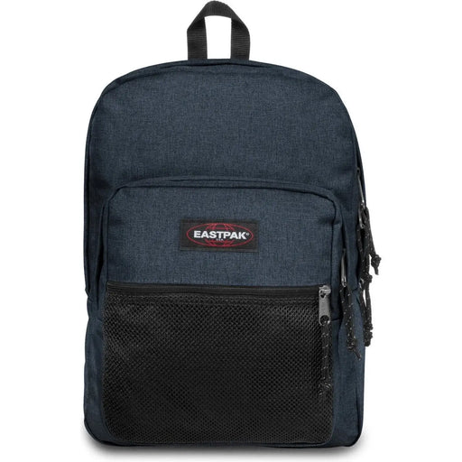 Dark blue eastpak men rucksack with textured polyester fabric black mesh front pocket and zipper pulls 42x32x25.5 cm