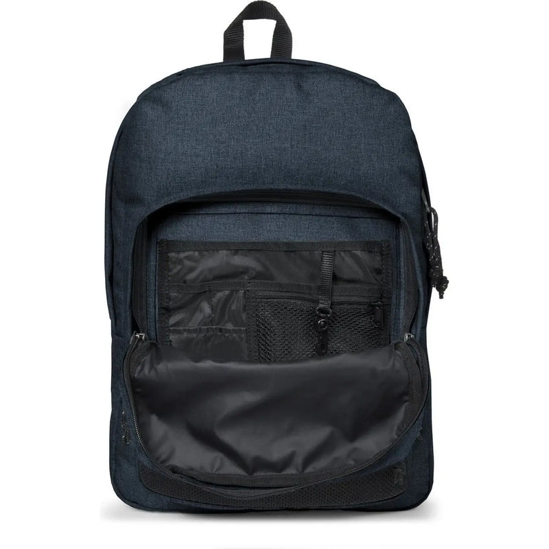 Eastpak men blue polyester rucksack with dark blue textured fabric, black interior, and mesh zip pockets