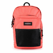 A coral-colored Eastpak men rucksack with black mesh panel zip pockets made of polyester 42x32x25.5 cm
