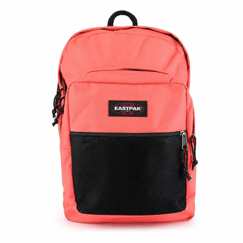 A coral-colored Eastpak men rucksack with black mesh panel zip pockets made of polyester 42x32x25.5 cm