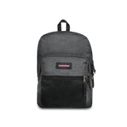 Gray textured eastpak men rucksack with black mesh panel polyester material and zipper accents for organized storage
