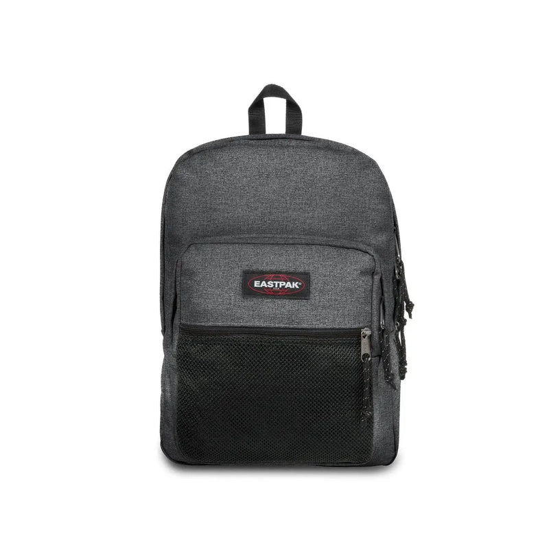 Gray textured eastpak men rucksack with black mesh panel polyester material and zipper accents for organized storage