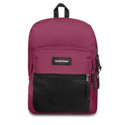 A maroon eastpak polyester backpack with black mesh front pocket and black zippers in a 42x32x25.5 rucksack design