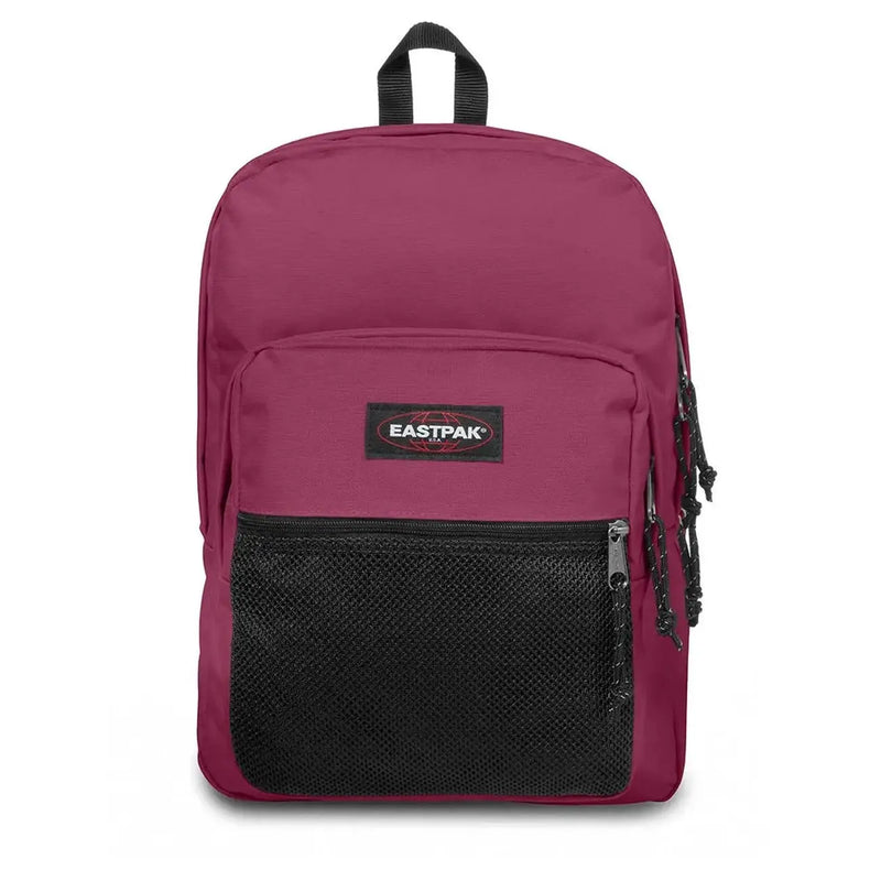 A maroon eastpak polyester backpack with black mesh front pocket and black zippers in a 42x32x25.5 rucksack design