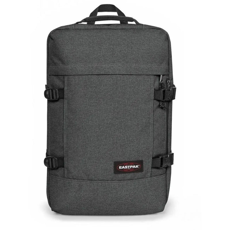 Dark gray textured polyester eastpak men rucksack with pockets featuring black buckles and a small logo patch