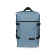 Eastpak men purple polyester rucksack with pockets and black straps shown from the back side in light blue color