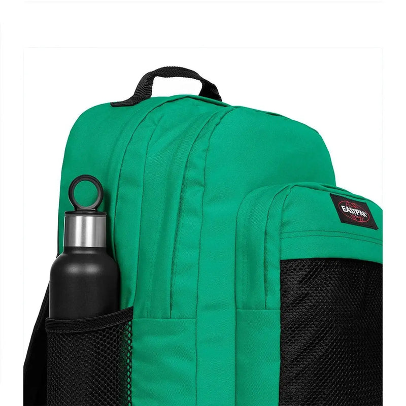 Vibrant green eastpak men rucksack made of polyamide with black mesh side pockets and a modern zip pocket design