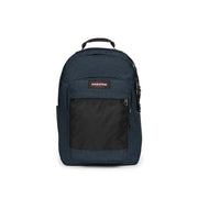 Dark blue eastpak men rucksack with black mesh front pocket and subtle textured polyamide fabric 29x44x28 cm