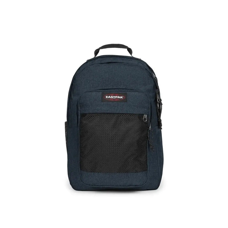 Dark blue eastpak men rucksack with black mesh front pocket and subtle textured polyamide fabric 29x44x28 cm