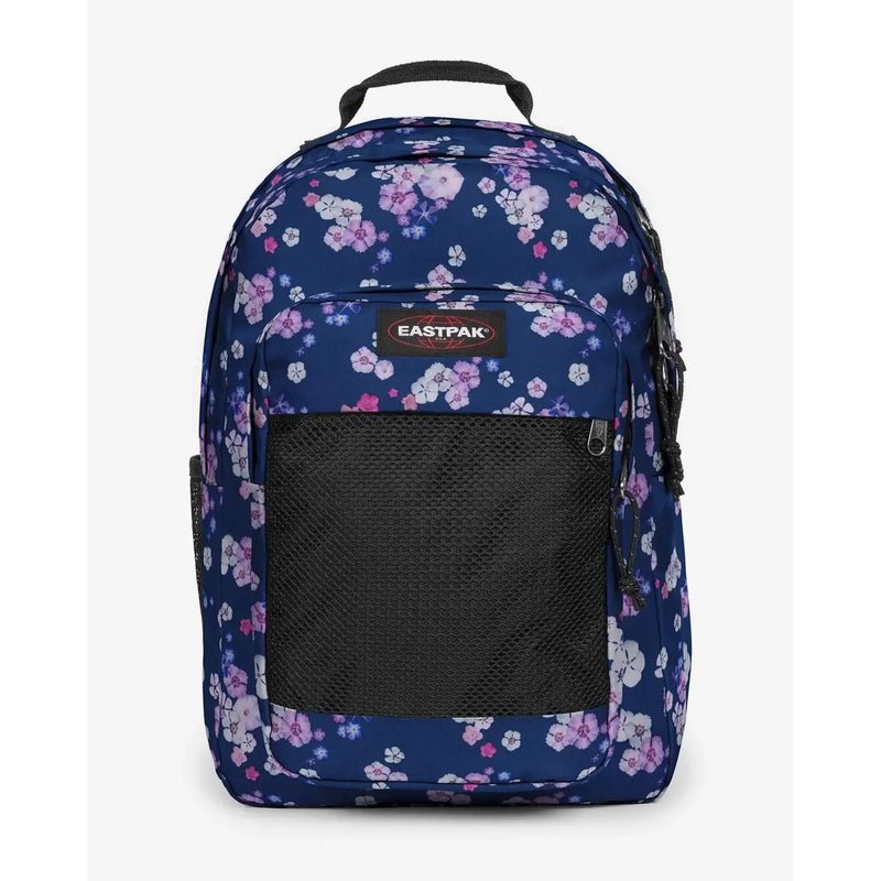 Eastpak Herrenrucksack aus marineblauem Polyamid mit floralem Muster aus rosa und weißen Blüten sowie schwarzen Netzeinsätzen und Reißverschlüssen.