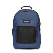 Blue Eastpak men rucksack with black mesh front pocket and zip pulls in green polyamide measuring 29x44x28 cm