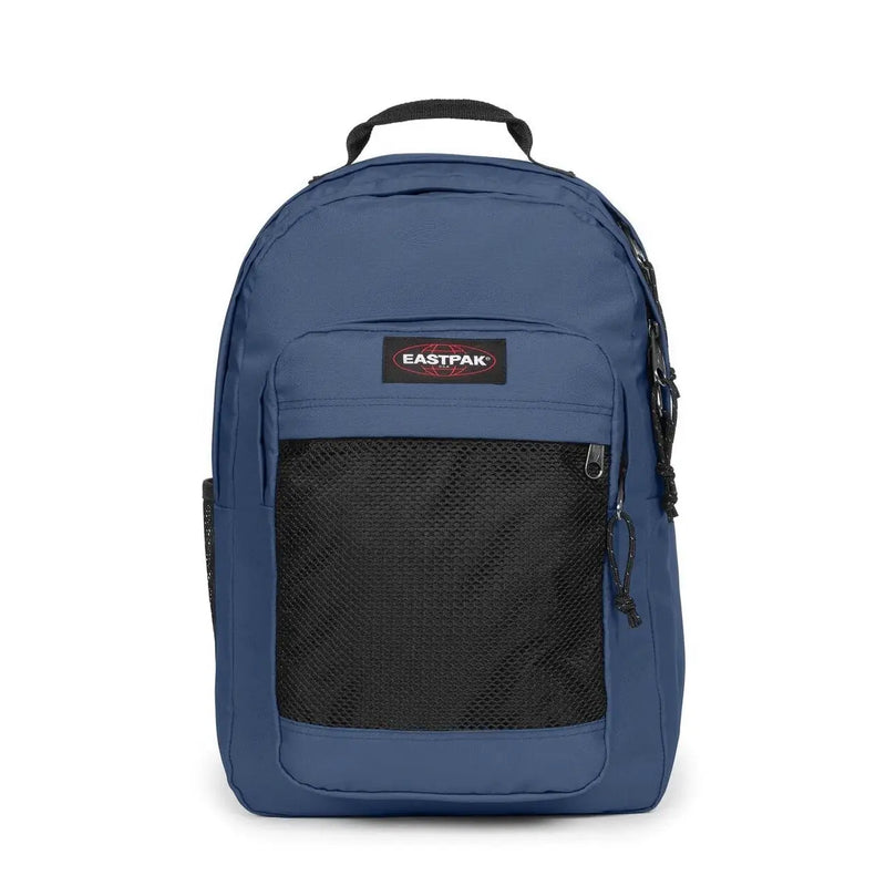 Blue Eastpak men rucksack with black mesh front pocket and zip pulls in green polyamide measuring 29x44x28 cm
