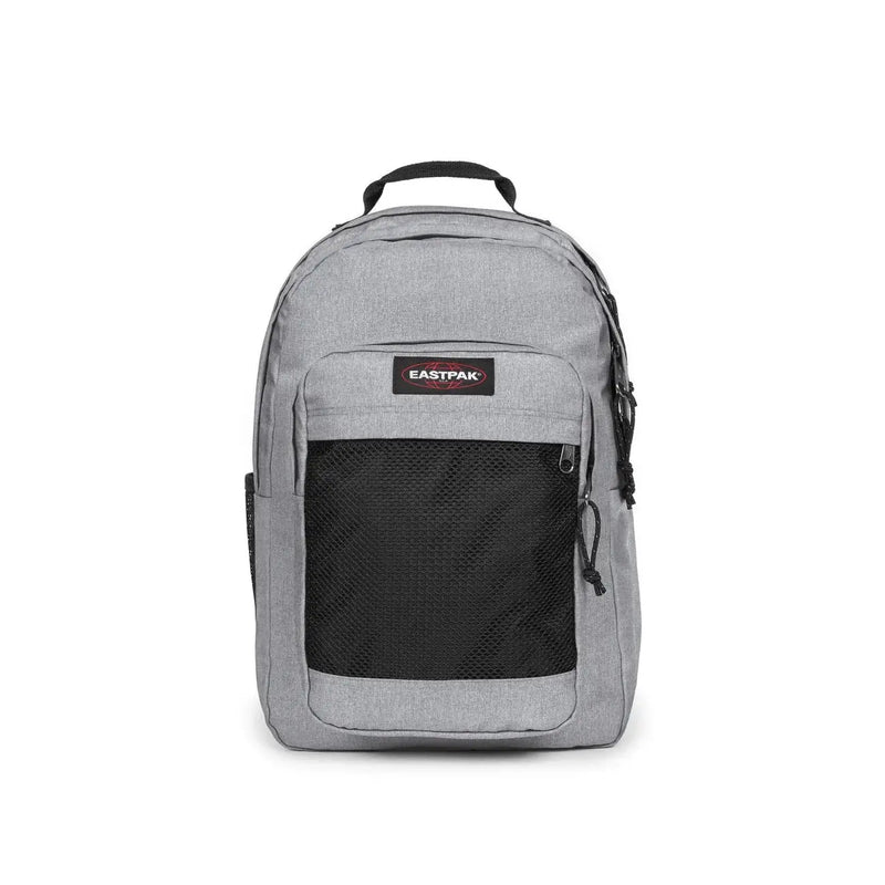 Gray eastpak men rucksack with black mesh panel and zipper pulls made of green polyamide with zip pocket