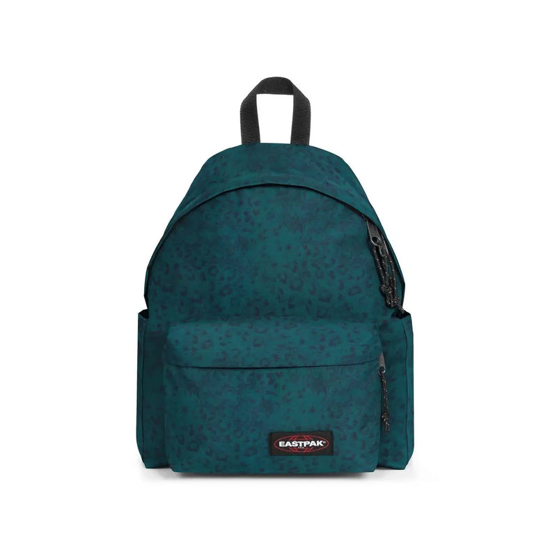Teal leopard-print Eastpak men rucksack made of green polyamide with black zippers and handle, 40x30x18 cm
