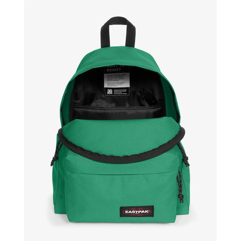 Green eastpak men rucksack made of polyamide with black trim zippers and zip pocket sized 40x30x18 cm