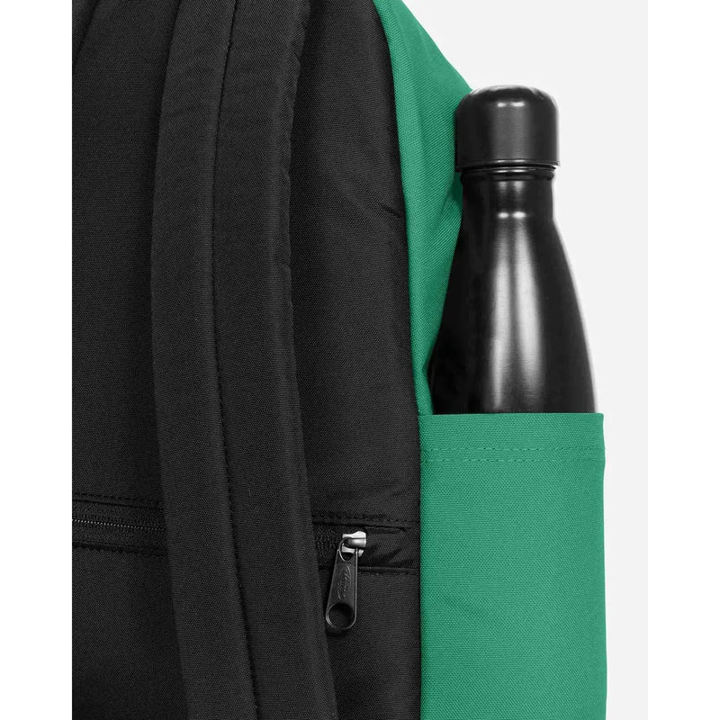 Eastpak men rucksack in green polyamide with zip pocket and a black water bottle in its side pocket