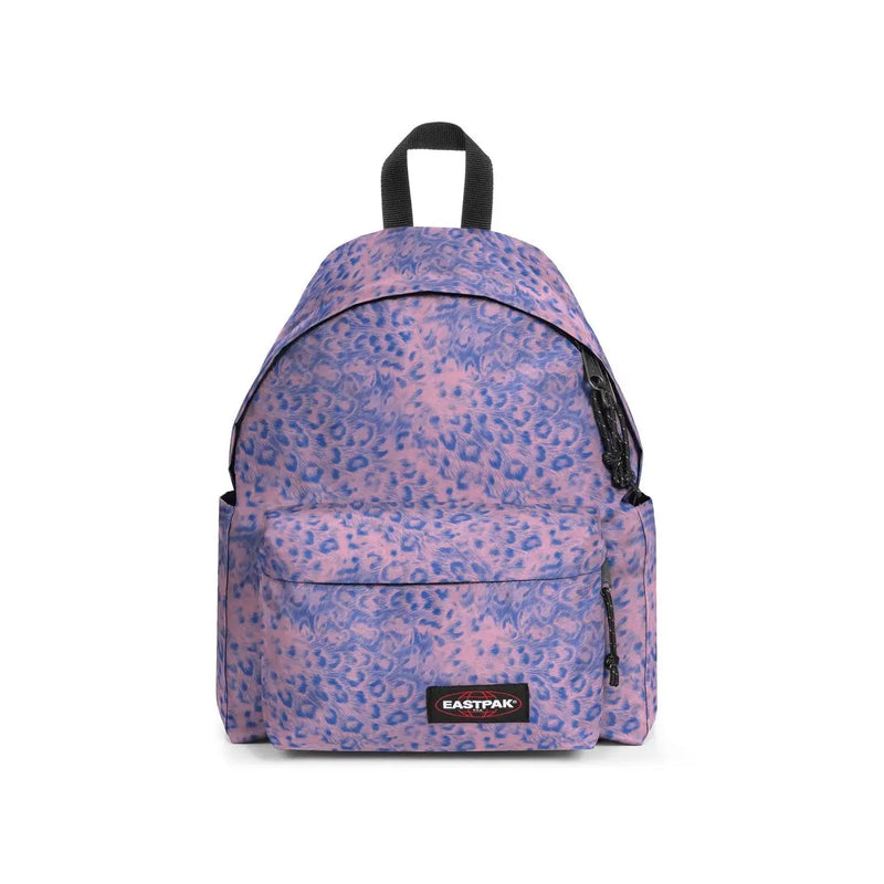 A pink and purple leopard-print Eastpak backpack with black zippers and top handle made of polyamide