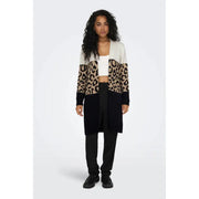 Elegant Black Leopard Print Long Lapel Collar Cardigan with color block and open front