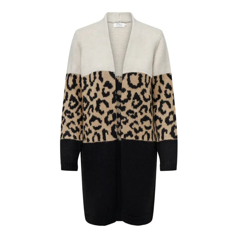 Elegant Black Leopard Print Long Lapel Collar Cardigan with Color-Block Design for Women
