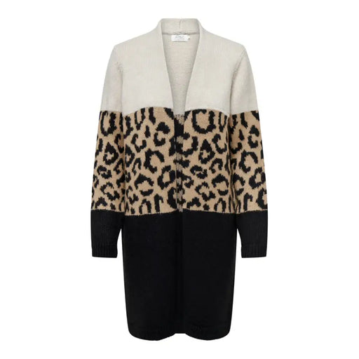 Elegant Black Leopard Print Long Lapel Collar Cardigan with Color-Block Design for Women