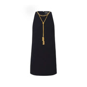 Black sleeveless midi dress with gold chain and tassel details from Elisabetta Franchi