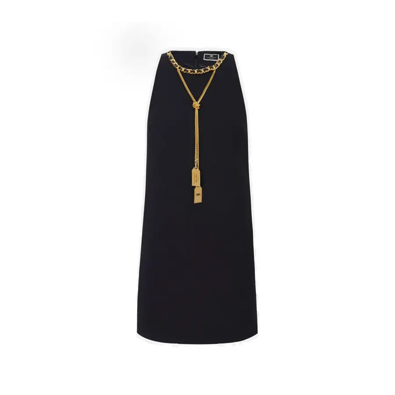 Black sleeveless midi dress with gold chain and tassel details from Elisabetta Franchi