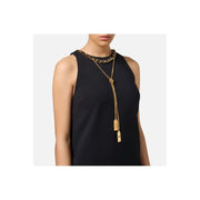 Gold-tone chain link and lariat necklace with rectangular pendants on Elisabetta Franchi blouse