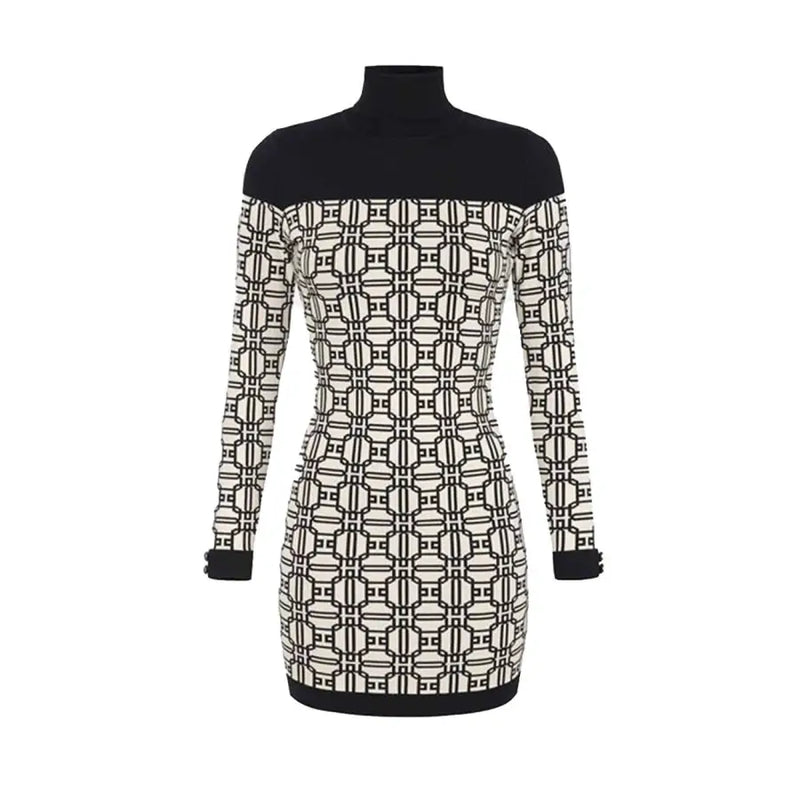 Black and white patterned long-sleeve knit turtleneck dress from Elisabetta Franchi