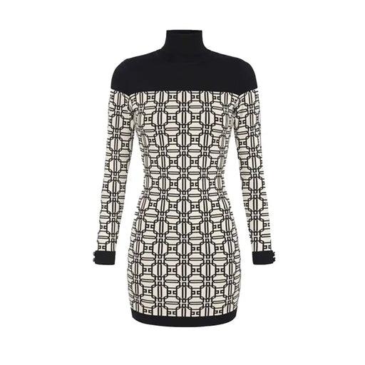 Black and white patterned long-sleeve knit turtleneck dress from Elisabetta Franchi