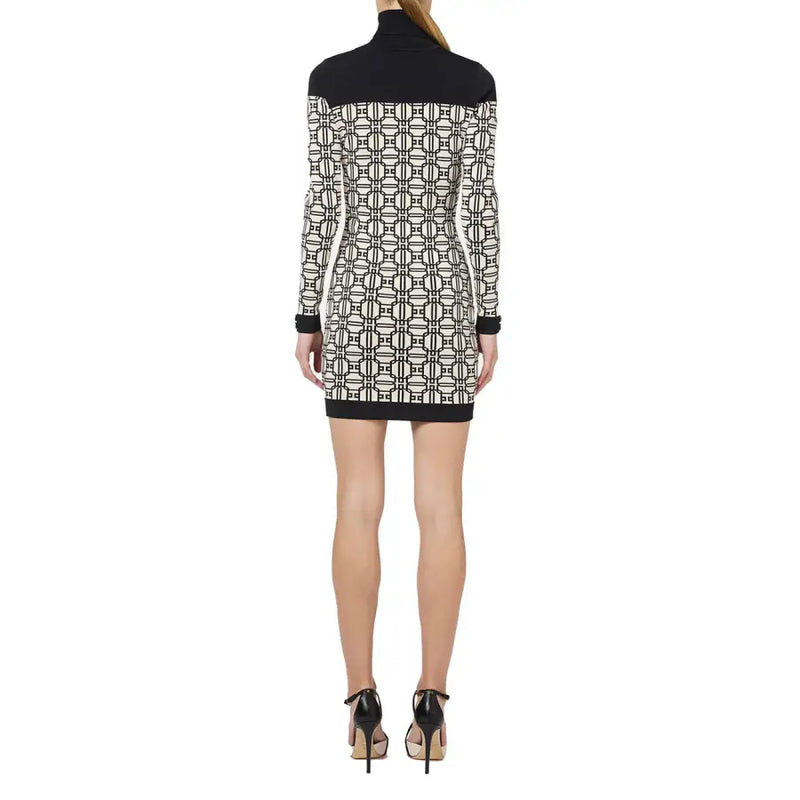 Black and white geometric knit mini dress with high neck and long sleeves by Elisabetta Franchi