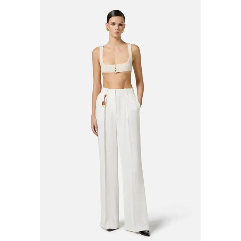 Elisabetta Franchi white linen viscose wide-leg trousers with pleats