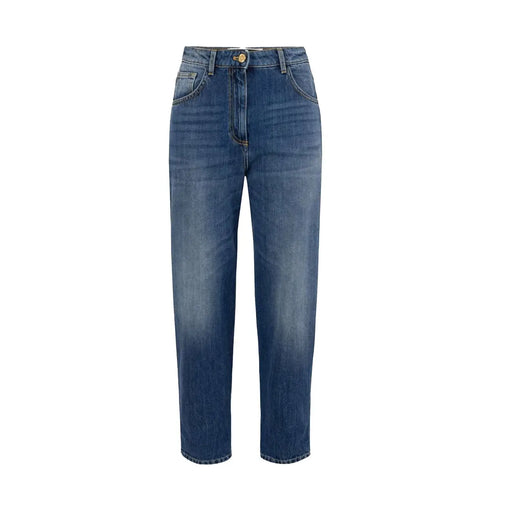 Jean taille haute pour femme Elisabetta Franchi en denim de coton bleu délavé, coupe droite