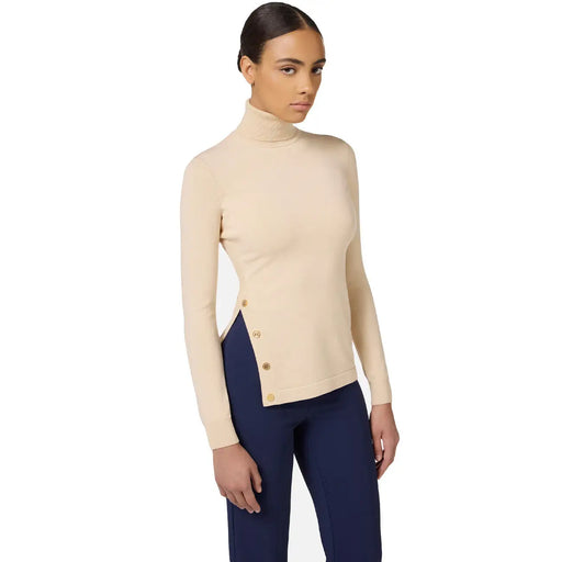 Pull en maille beige Elisabetta Franchi pour femme, col roulé, fente latérale et boutons dorés, en matière douce.