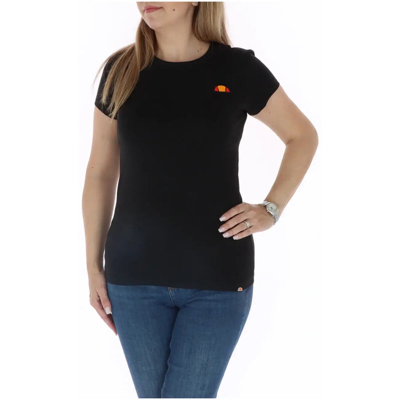 Black ellesse women cotton short sleeve t shirt with a small orange and yellow logo on the left chest